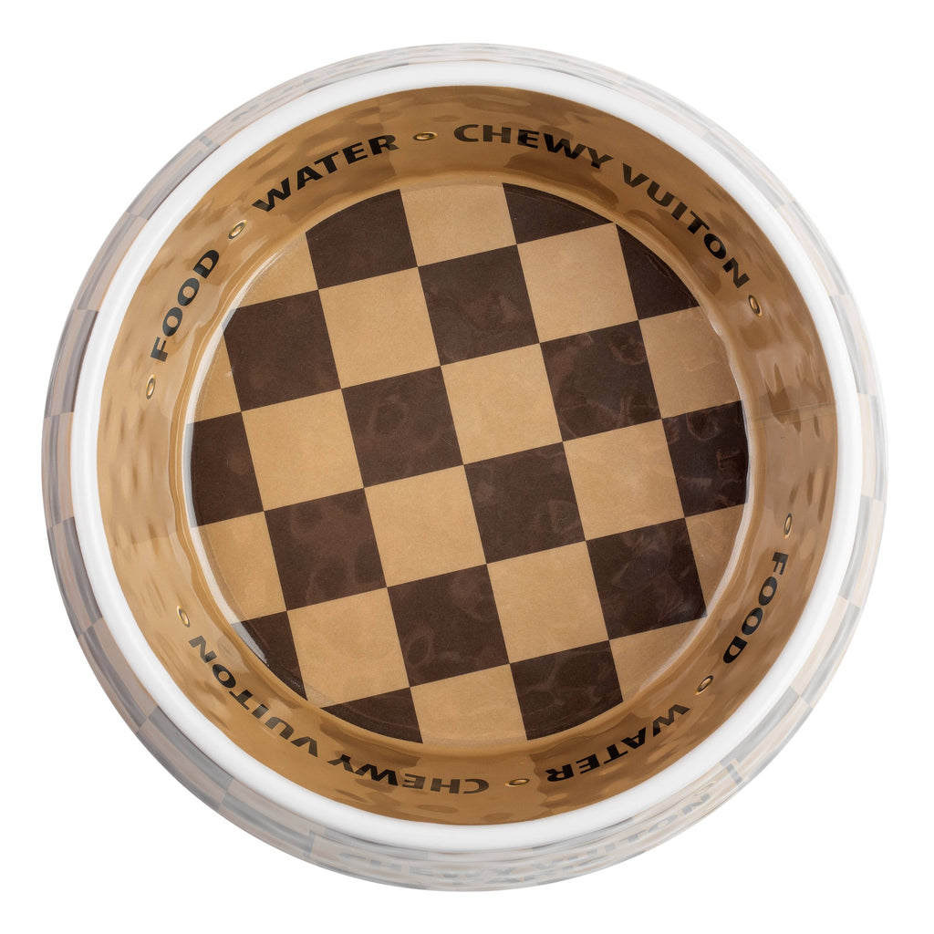 Tan Checker Chewy Vuiton Bowl - Cat or Dog Bowls: Medium