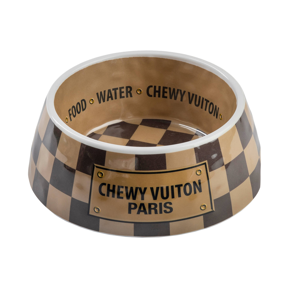 Tan Checker Chewy Vuiton Bowl - Cat or Dog Bowls: Medium
