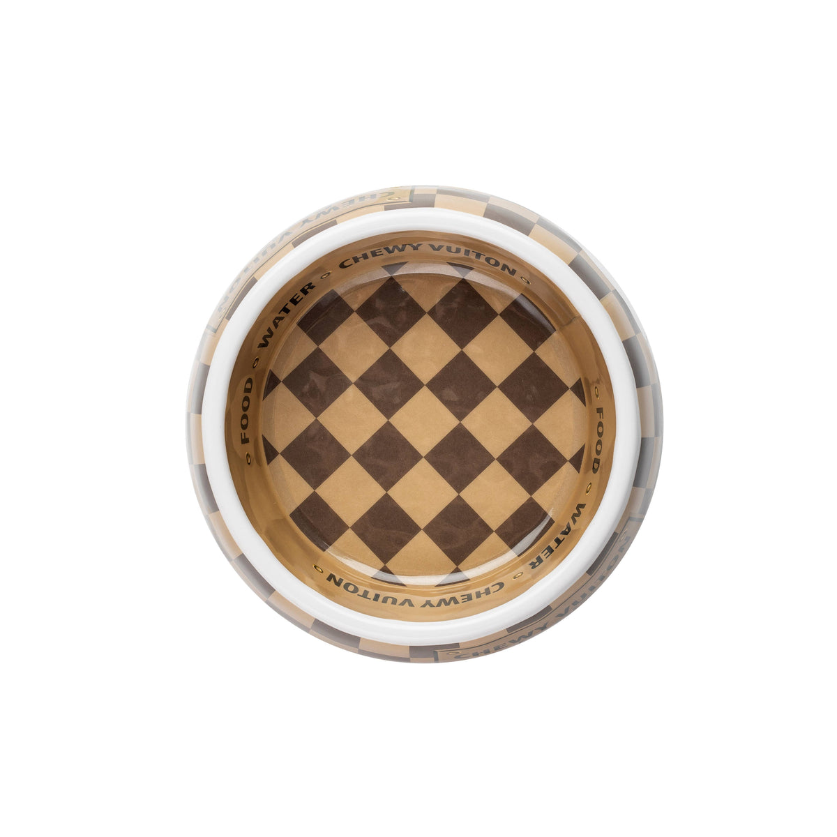 Tan Checker Chewy Vuiton Bowl - Cat or Dog Bowls: Medium