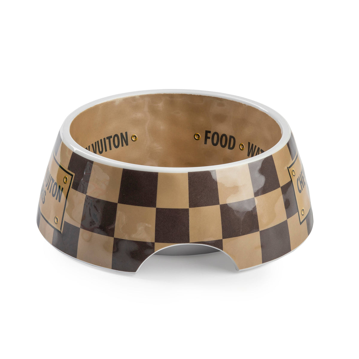 Tan Checker Chewy Vuiton Bowl - Cat or Dog Bowls: Medium