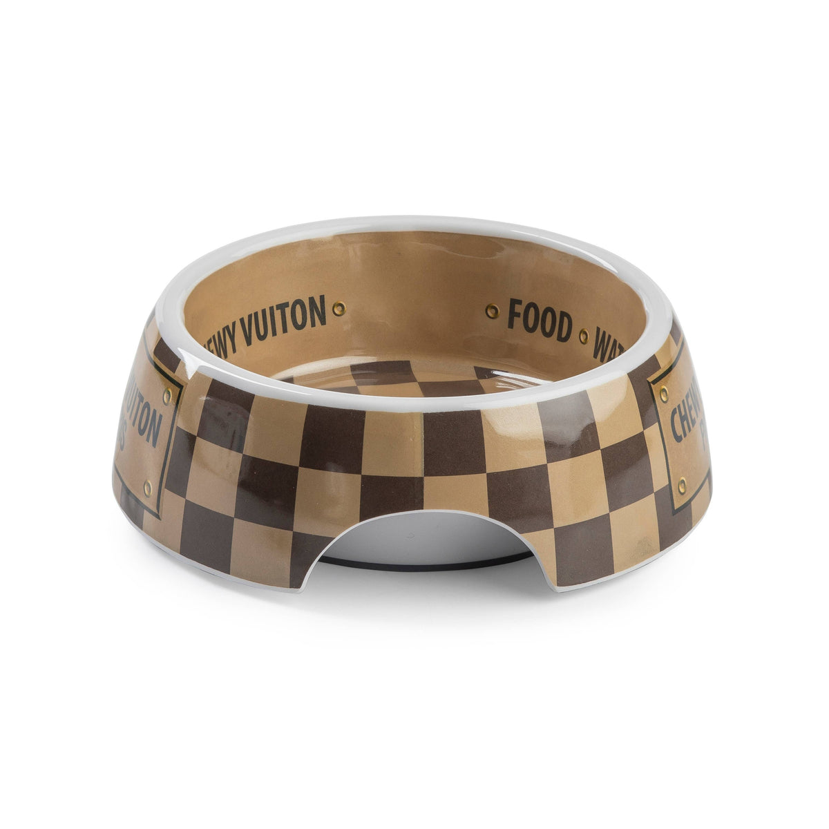 Tan Checker Chewy Vuiton Bowl - Cat or Dog Bowls: Medium