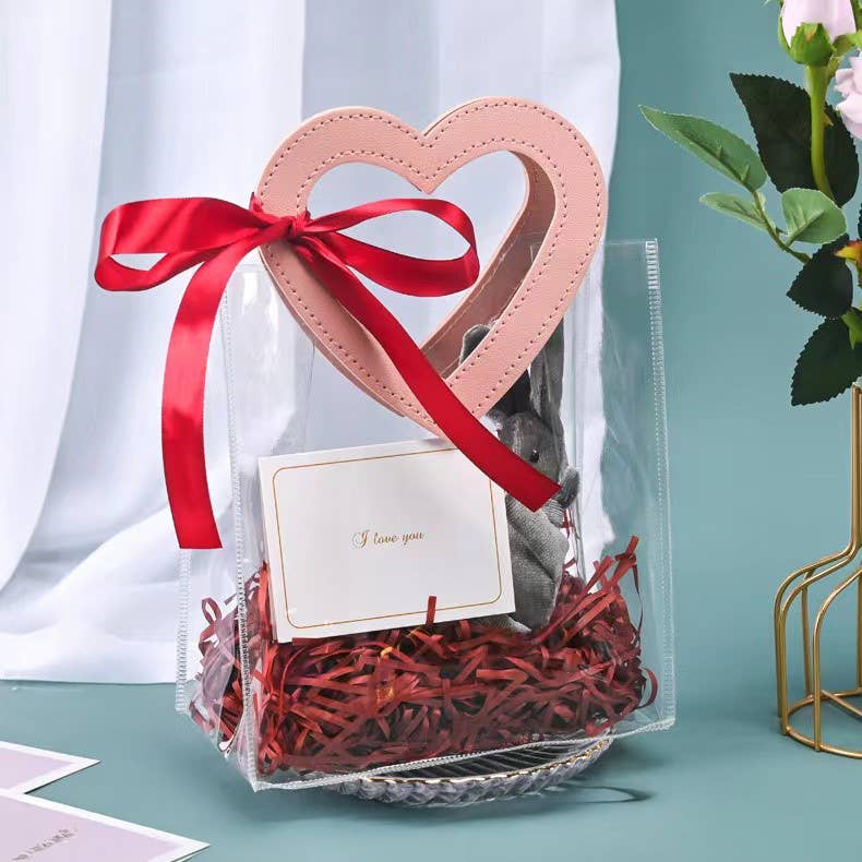 7"x4"x8" Heart Handle Large Thick Transparent PVC Gift Bag: Wine red