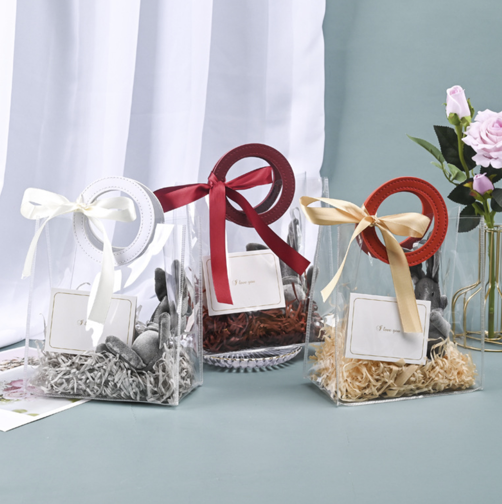 3 Color Transparent Thick PVC gift Bag w/ Ring Circle Handle: Pink / Large