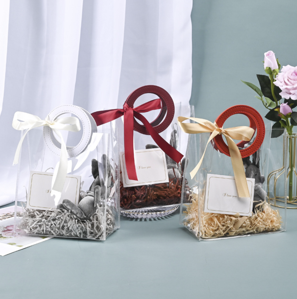 3 Color Transparent Thick PVC gift Bag w/ Ring Circle Handle: Pink / Large