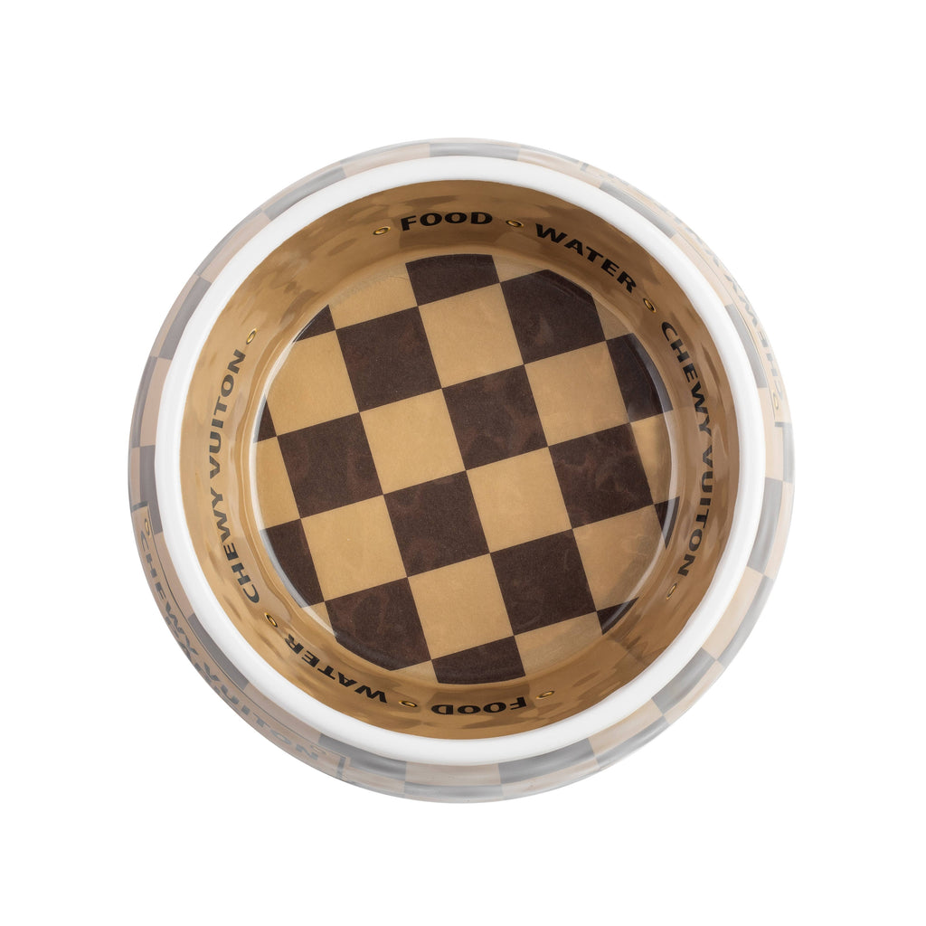 Tan Checker Chewy Vuiton Bowl - Cat or Dog Bowls: Medium