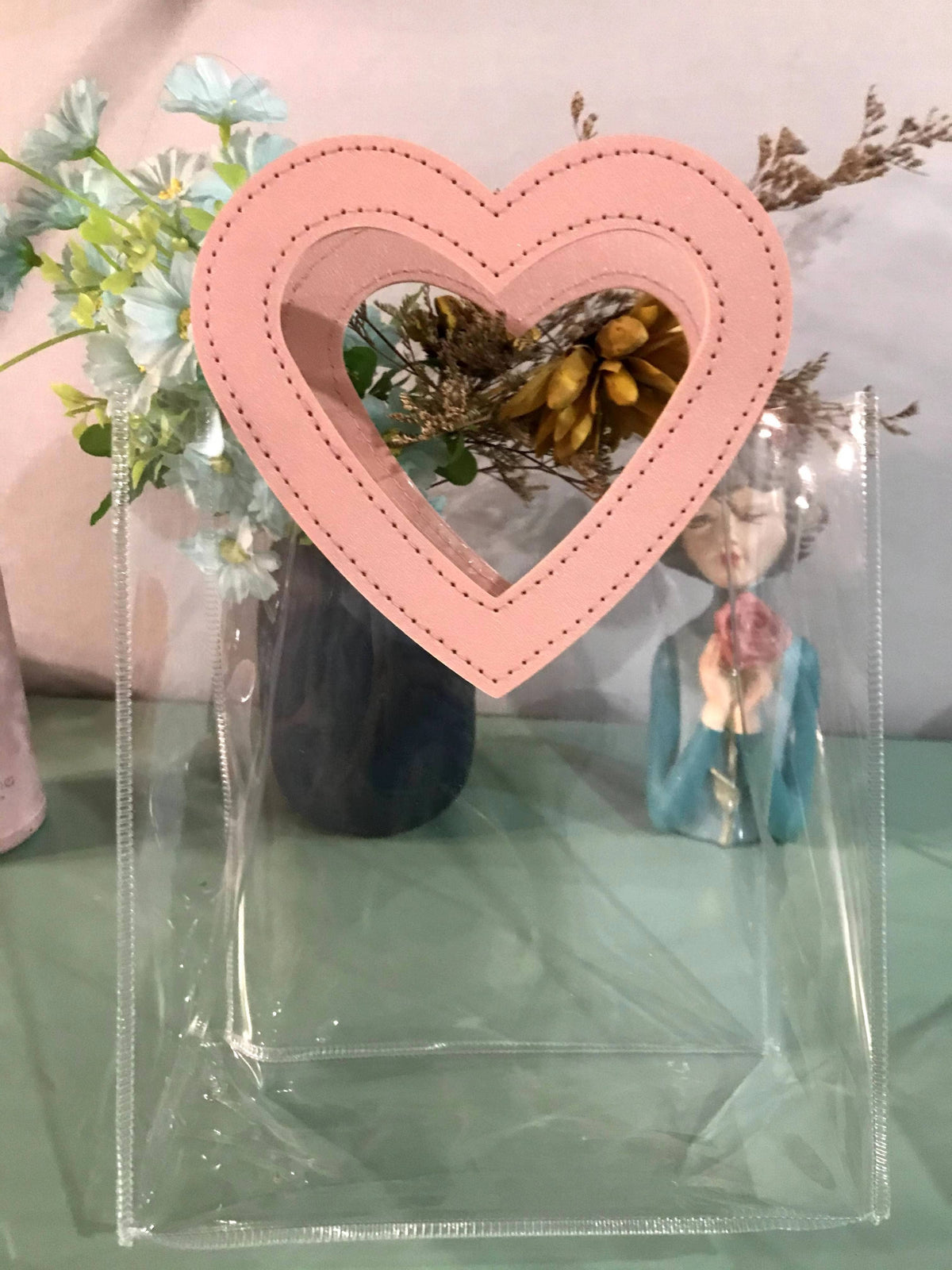 7"x4"x8" Heart Handle Large Thick Transparent PVC Gift Bag: Wine red