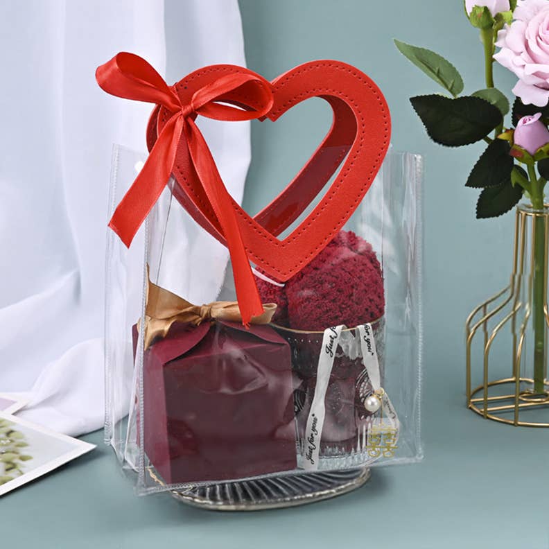 7"x4"x8" Heart Handle Large Thick Transparent PVC Gift Bag: Wine red