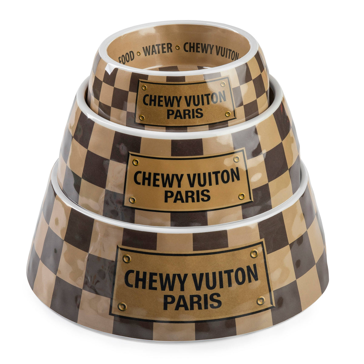 Tan Checker Chewy Vuiton Bowl - Cat or Dog Bowls: Medium
