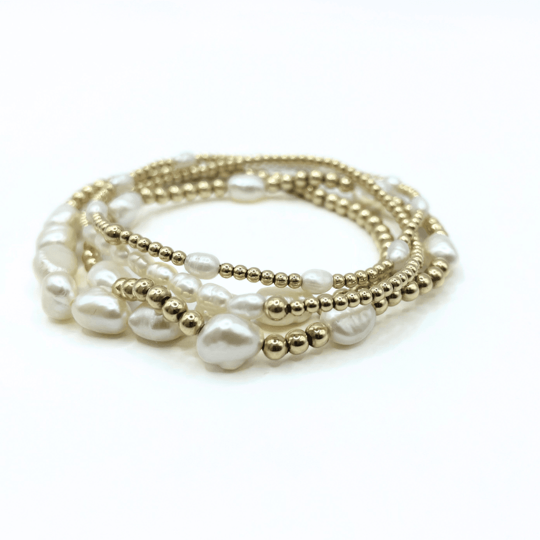 Petite Patterned Rice Pearl Bracelet with 14k Gold-Filled Beads: 7"