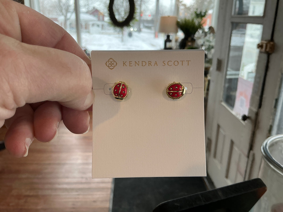 Ladybug Stud Earrings Gold Red