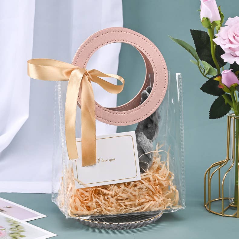 3 Color Transparent Thick PVC gift Bag w/ Ring Circle Handle: Pink / Large