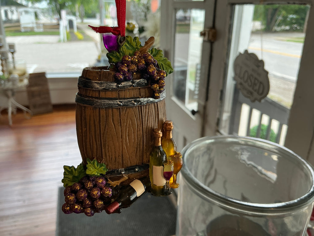 Wine Barrel w/Bottle Ornament 3.25”