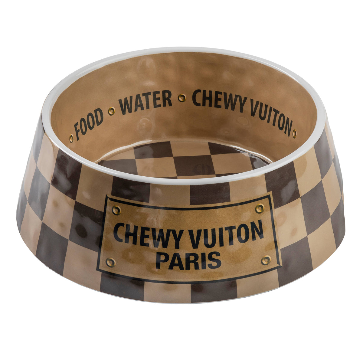 Tan Checker Chewy Vuiton Bowl - Cat or Dog Bowls: Medium