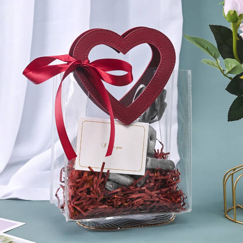 7"x4"x8" Heart Handle Large Thick Transparent PVC Gift Bag: Wine red