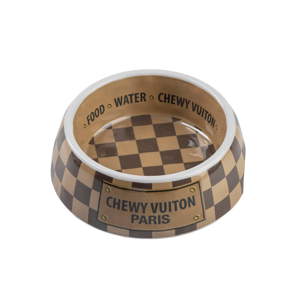 Tan Checker Chewy Vuiton Bowl - Cat or Dog Bowls: Medium