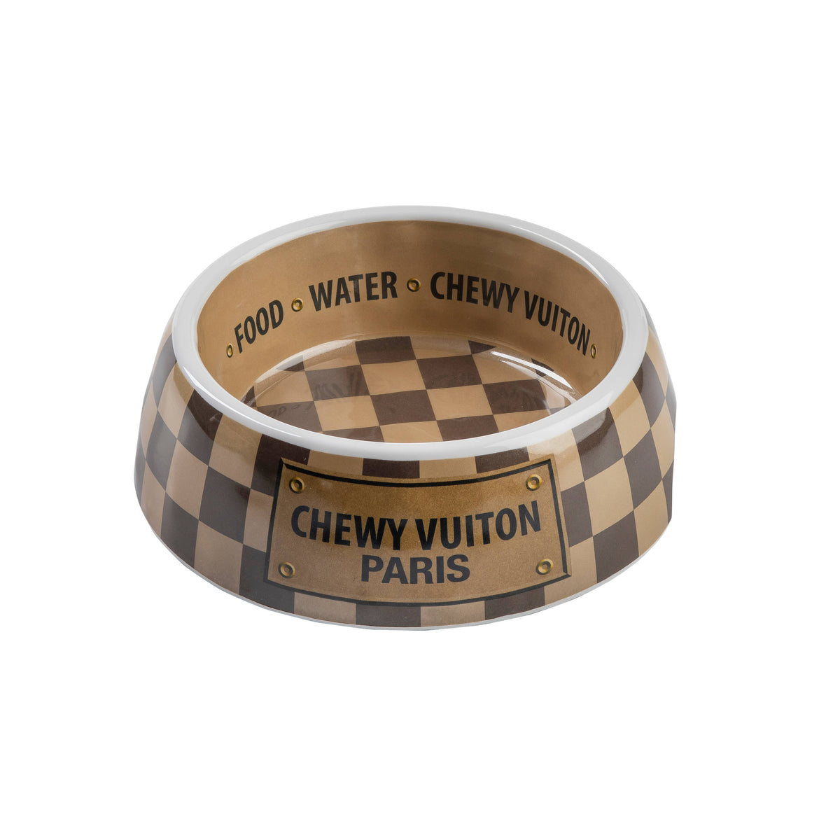 Tan Checker Chewy Vuiton Bowl - Cat or Dog Bowls: Medium