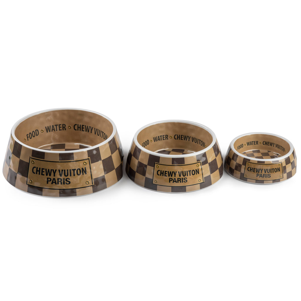 Tan Checker Chewy Vuiton Bowl - Cat or Dog Bowls: Medium