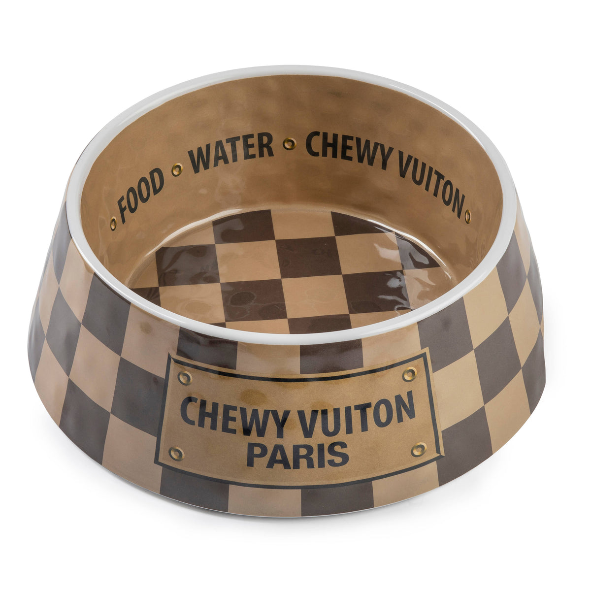 Tan Checker Chewy Vuiton Bowl - Cat or Dog Bowls: Medium