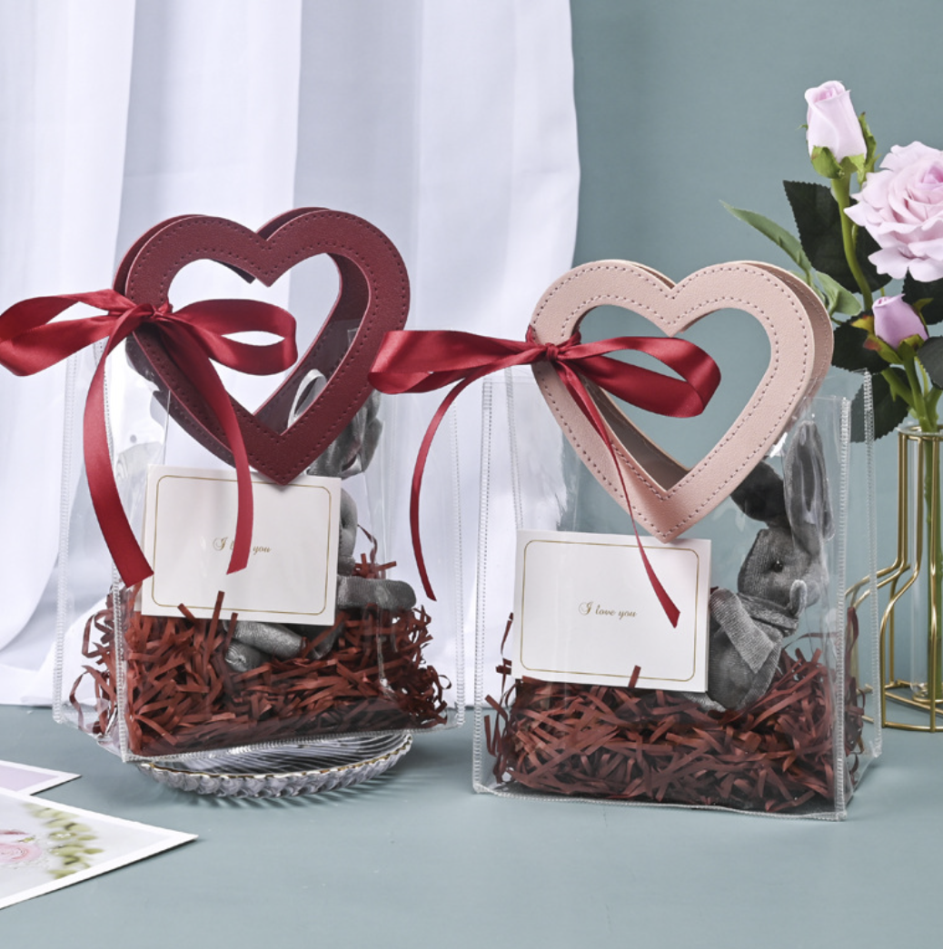 7"x4"x8" Heart Handle Large Thick Transparent PVC Gift Bag: Wine red
