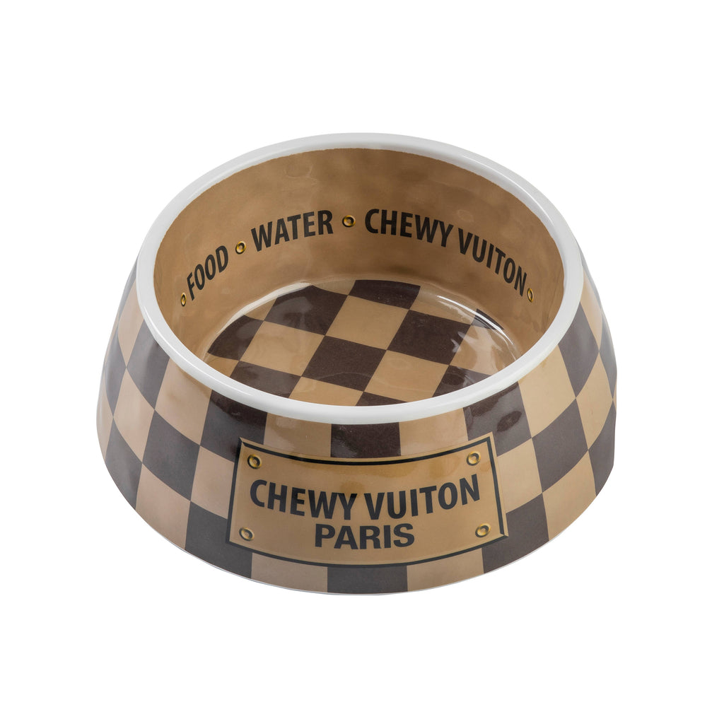 Tan Checker Chewy Vuiton Bowl - Cat or Dog Bowls: Medium
