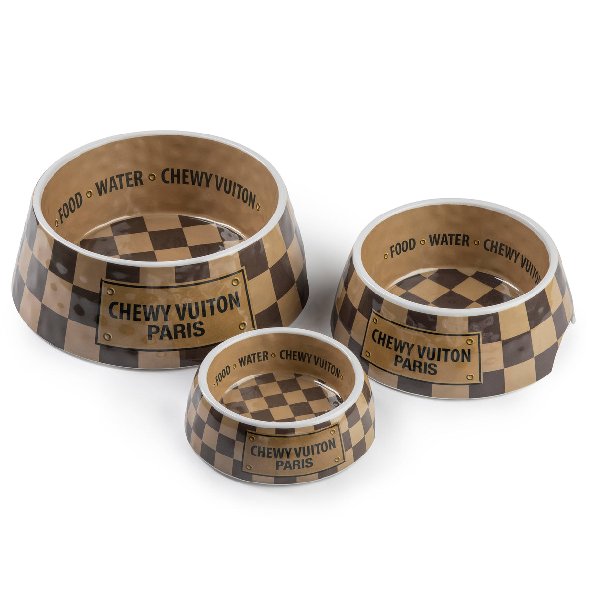 Tan Checker Chewy Vuiton Bowl - Cat or Dog Bowls: Medium